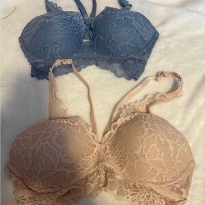 PINK Victoria's Secret Lace Push-Up Bra Set - Blue and Beige - Size M